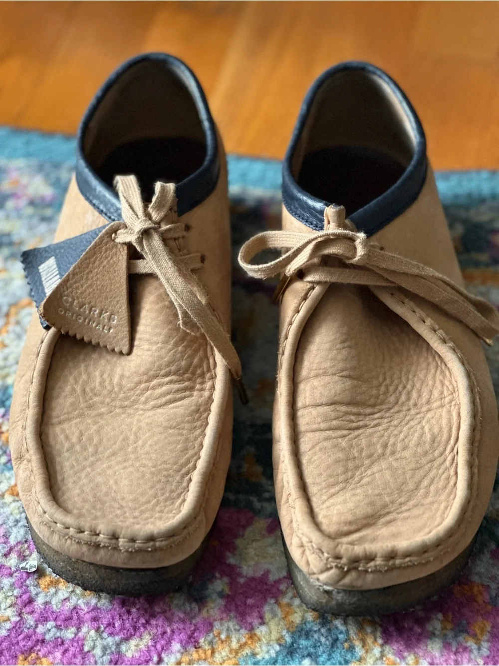 Clarks Tan Leather Wallabee Shoes with Black Collar